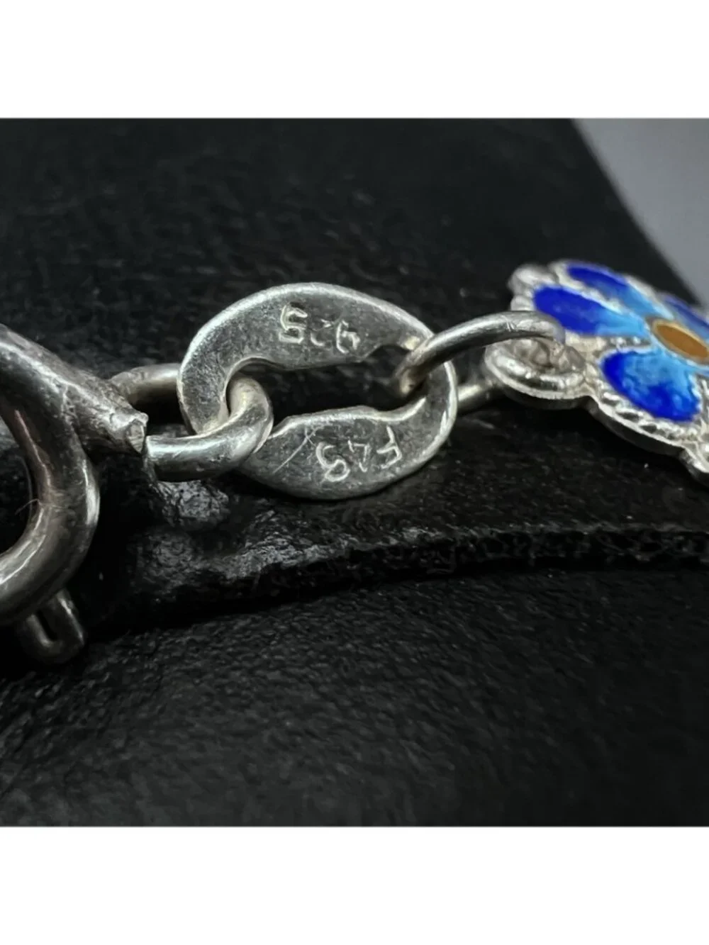 Vintage Sterling Silver Blue Enamel Forget-Me-Not Panel Link Bracelet 7.5